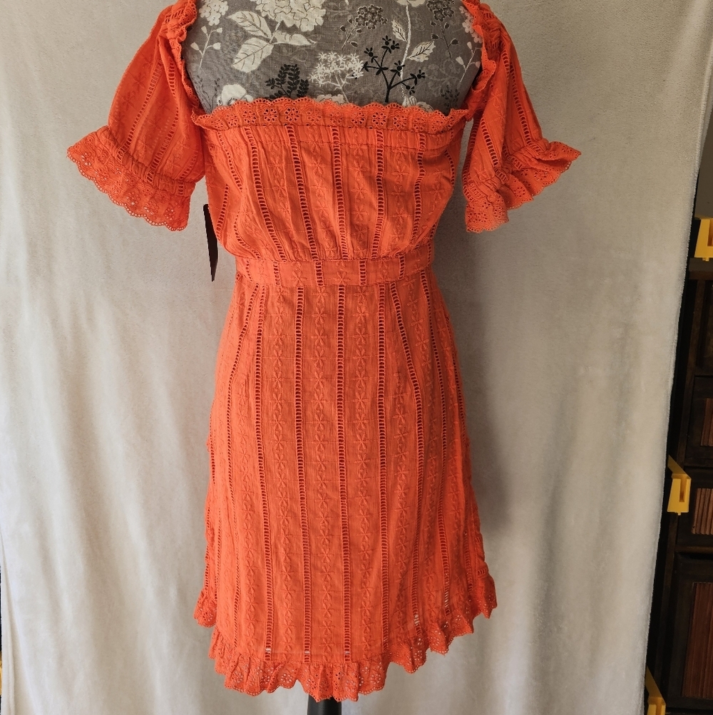 Venus Off The Shoulder Lace Eyelet Dress NWT Orange Sz. 4 - Picture 9 of 12